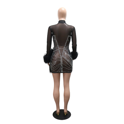 See through Rhinestone Sheath Long Sleeve Dress New Arrivals