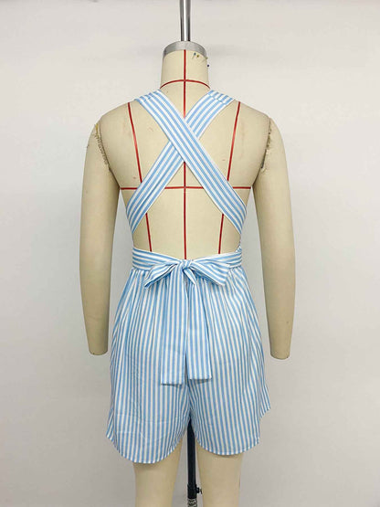 Jumpsuit Striped Cross Backless