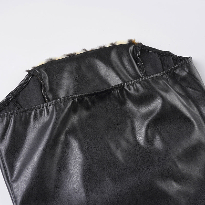 Leopard Fur Stitching Leather Hip Skirt Two Piece Set