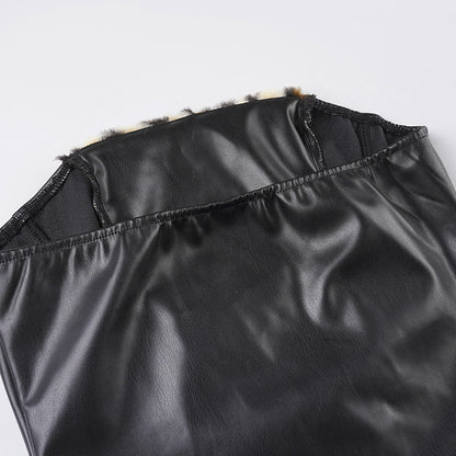Leopard Fur Stitching Leather Hip Skirt Two Piece Set