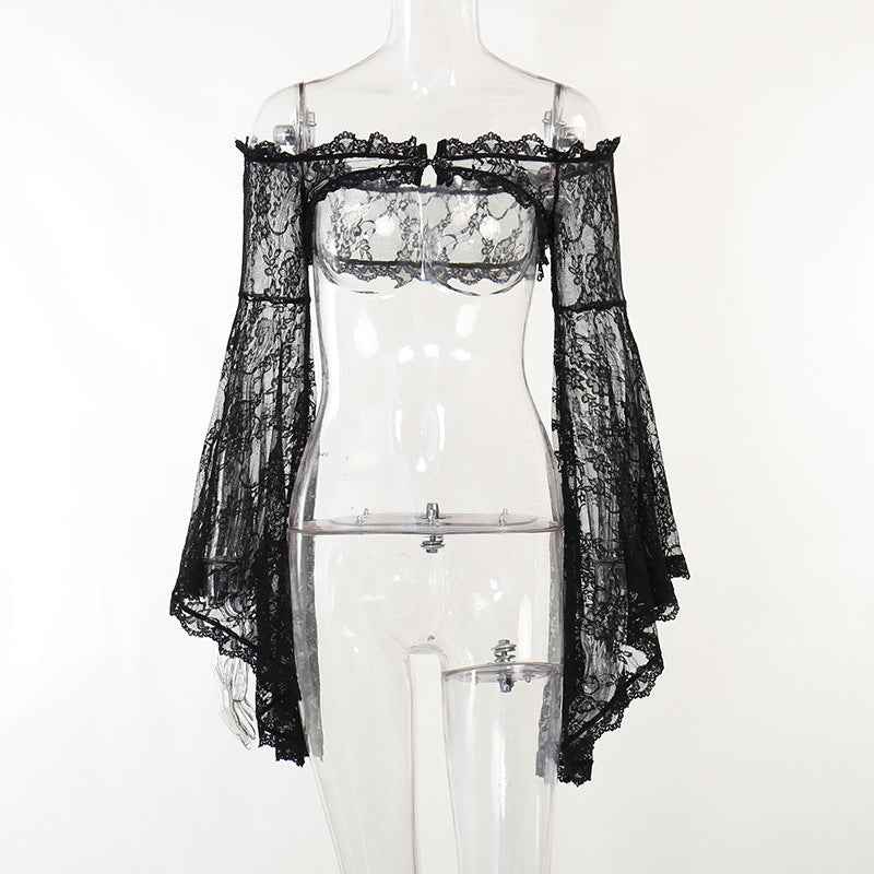 Gothic Classic Lace Cover Ups Women Mesh Crop Top See Through Sexy Flare Sleeve Blouse Y2k Black Rave Outfit Festival