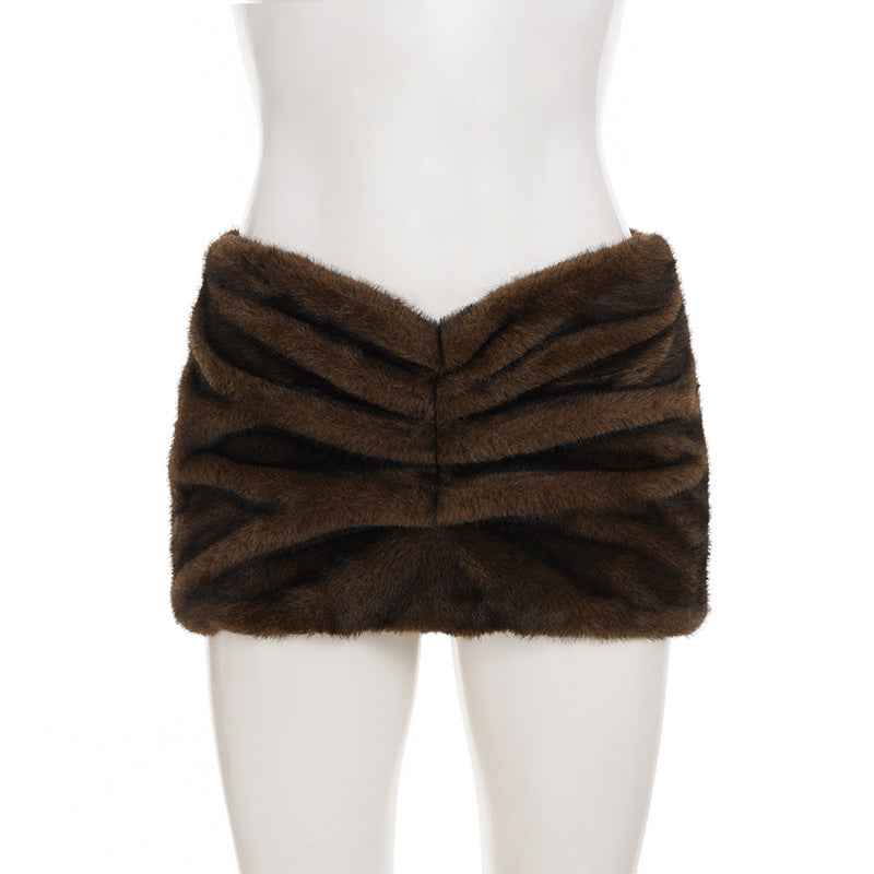 Pleated Low Waist Sexy Fur Sheath Skirt