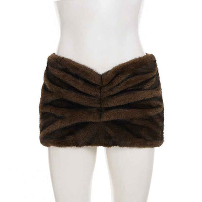 Pleated Low Waist Sexy Fur Sheath Skirt