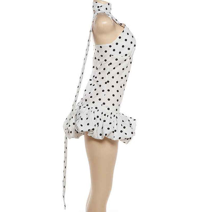 Summer Women Sexy Polka Dot Print Ribbon Waist Tight Sheath Dress