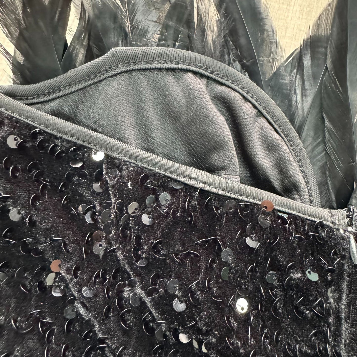 Sequin Deep V Plunge Feather Dress MUNSIEUR