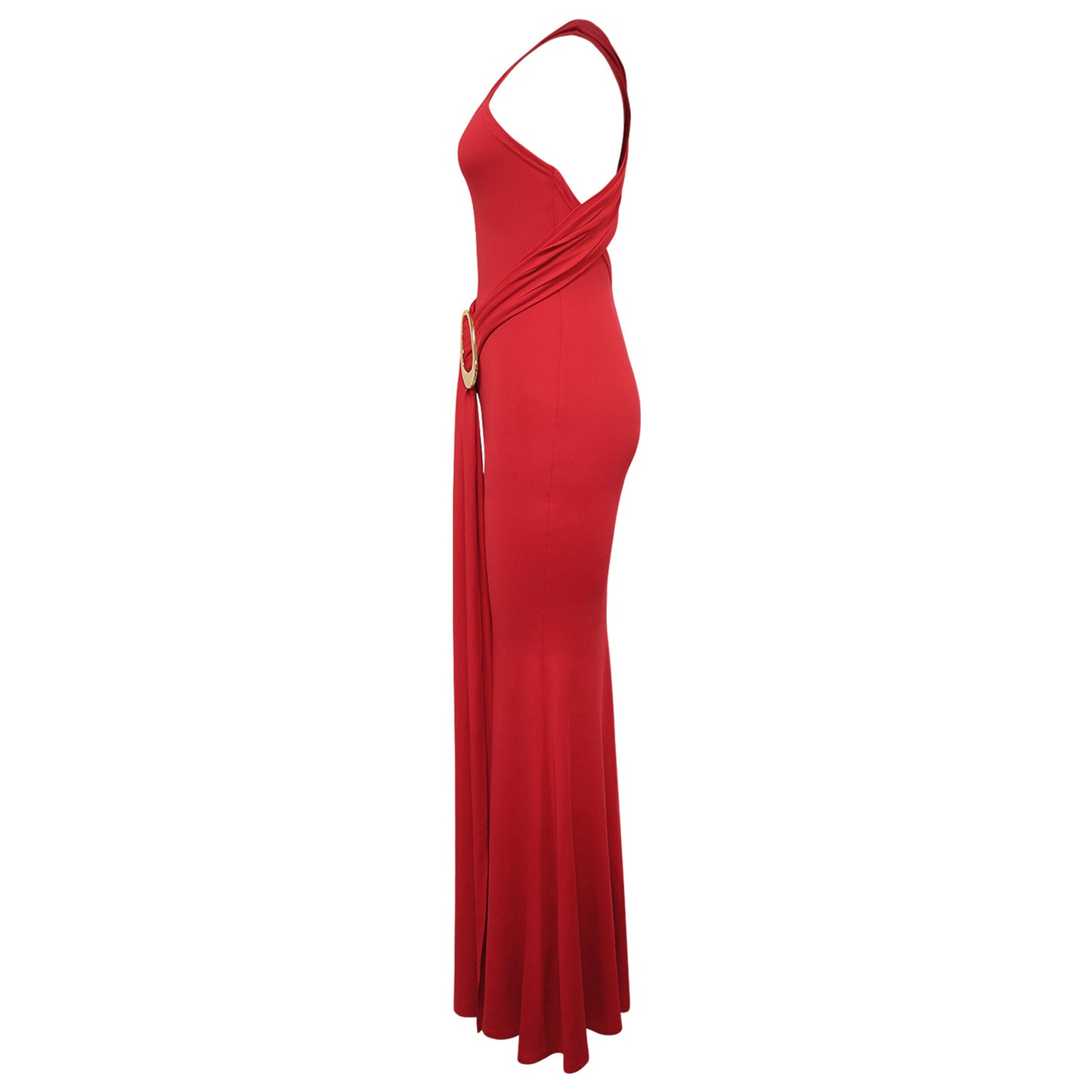 Women Metal Decoration Sexy Backless Dress One Shoulder Slim Dress