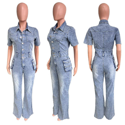 Floral Wash Denim Jumpsuit