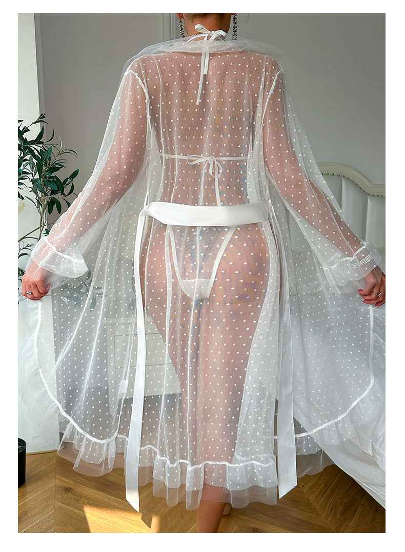 See through Nightgown Ruffled Lace up Sleepwear Set