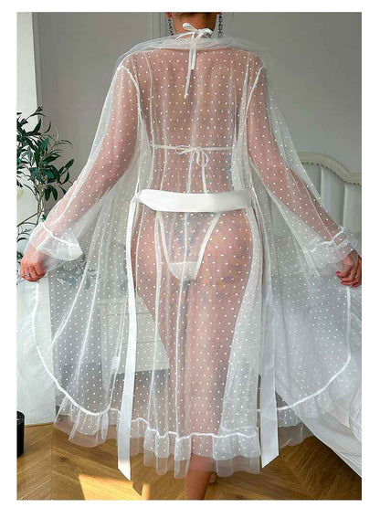 See through Nightgown Ruffled Lace up Sleepwear Set