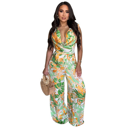 Sleeveless Lace up Wide Leg Printed Jumpsuit