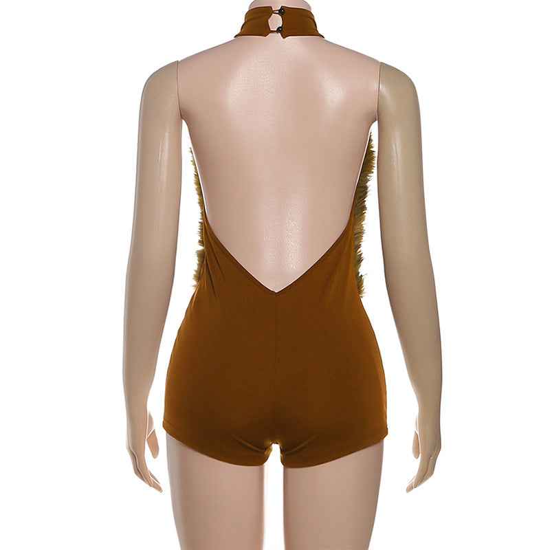 Sexy Fur Stitching Halter Cut out Backless Romper