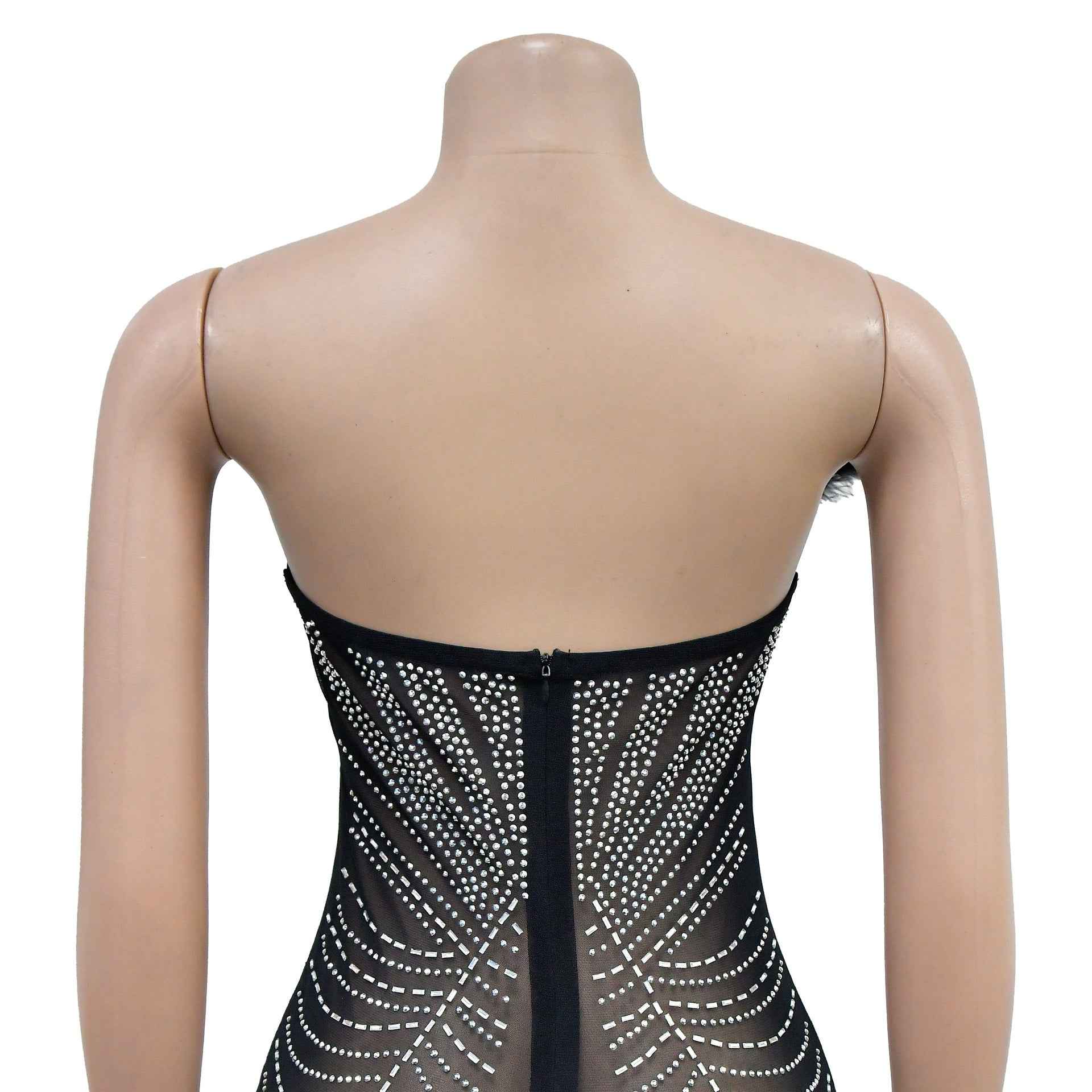 Solid Color Sexy Mesh Rhinestone Jumpsuit
