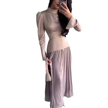 Women's New Color Contrast Patchwork Slim-fit Lace Up Long Sleeve Dress