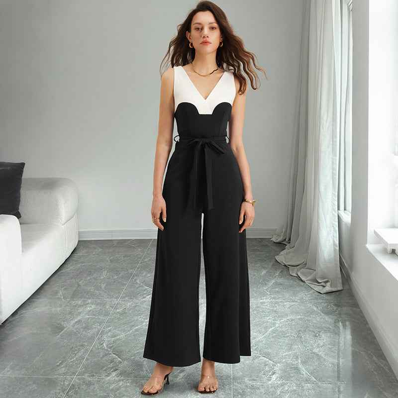 Elegant Black White Color Contrast Patchwork Sling Jumpsuit