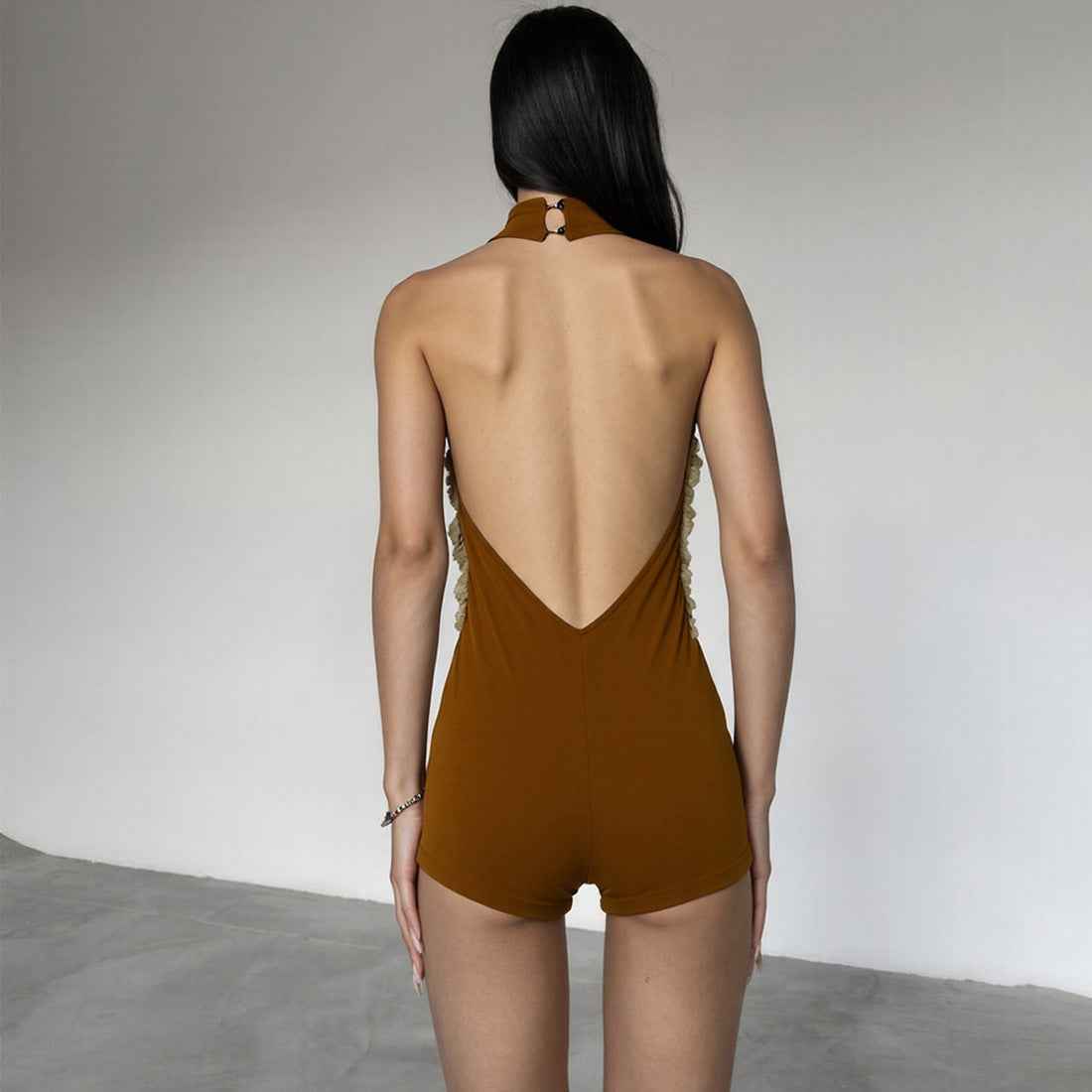 Sexy Fur Stitching Halter Cut out Backless Romper