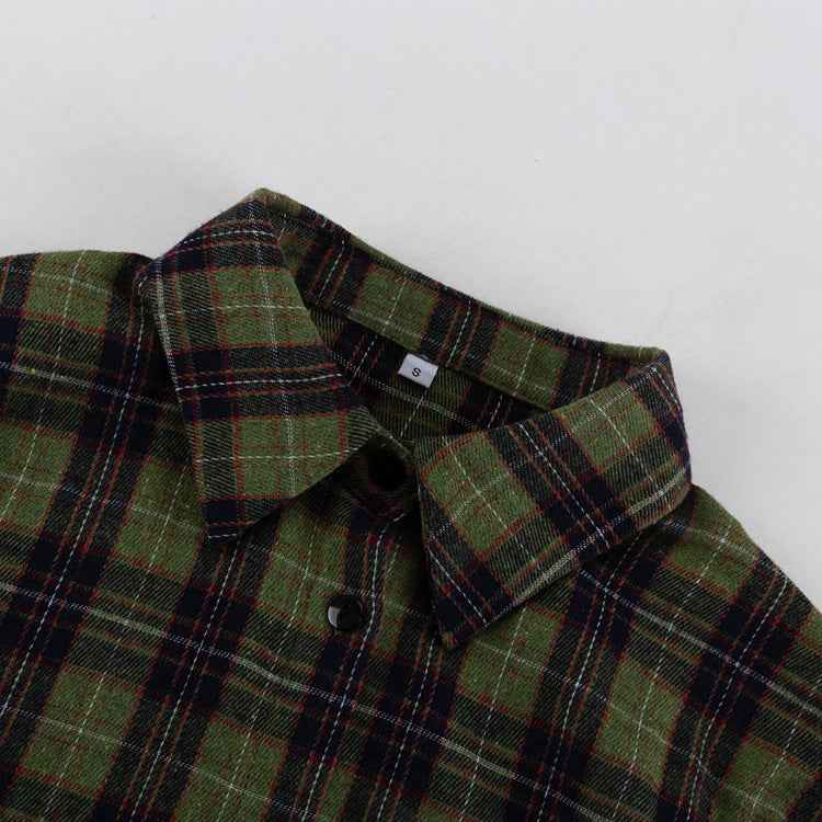 Retro Plaid Collared Long Sleeve Irregular Asymmetric Hem Cinched Blouse