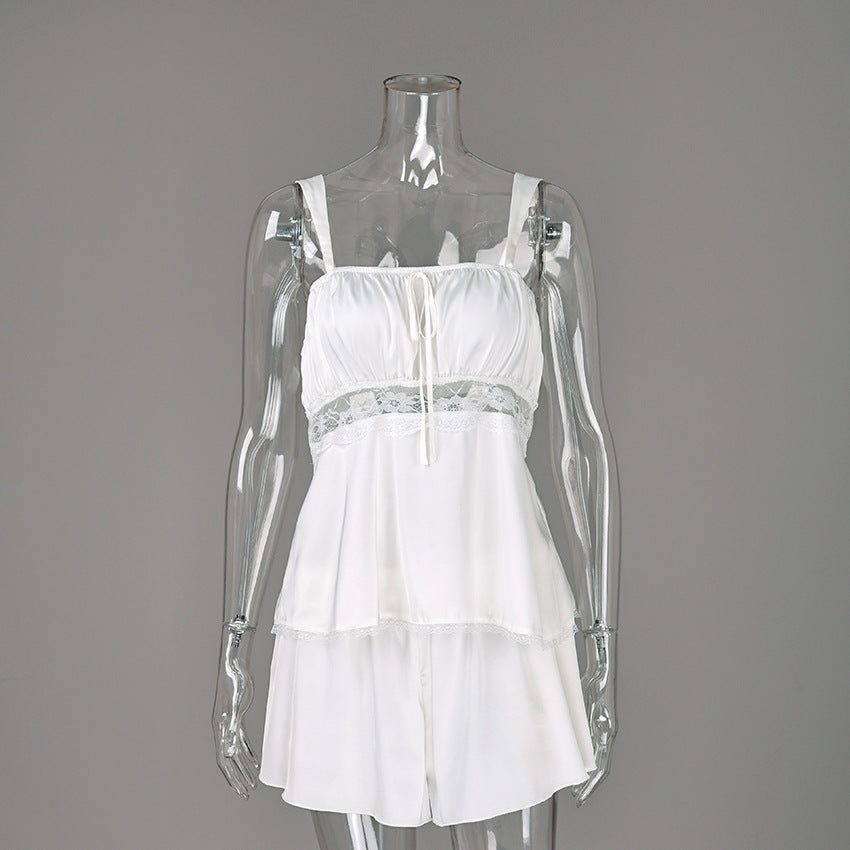 Summer Lace Strap Sleepwear Pajamas Two Piece Set