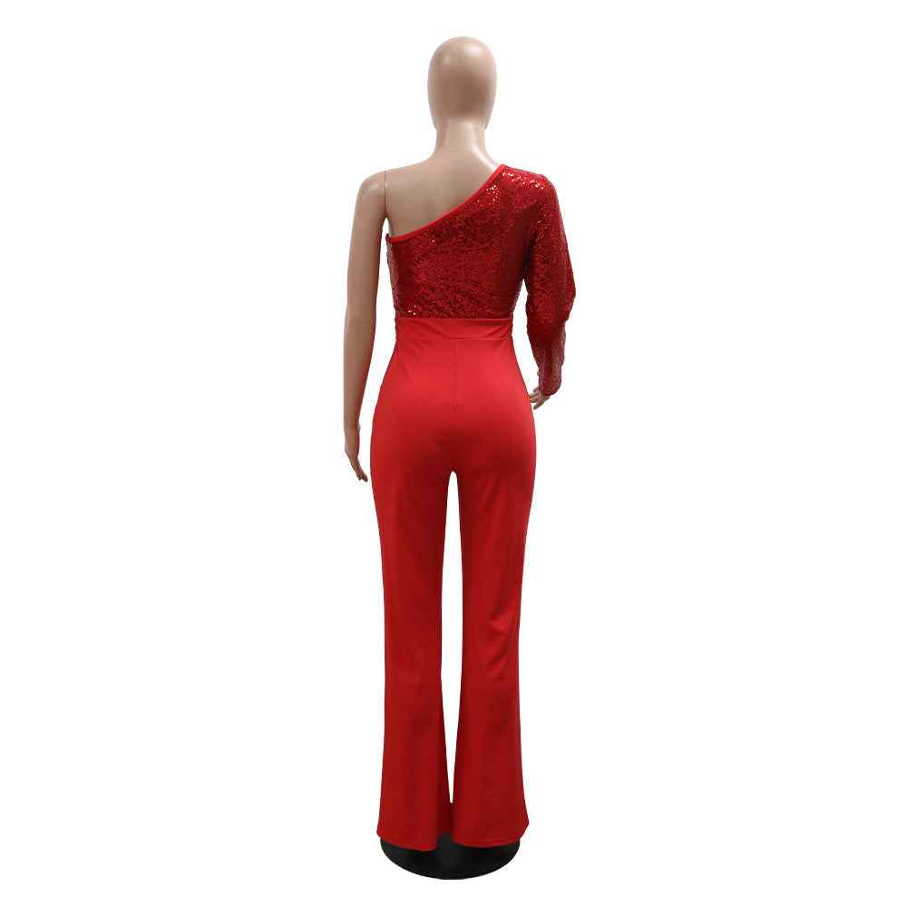 Shoulder Sleeve Sequin Stitching Jumpsuit
