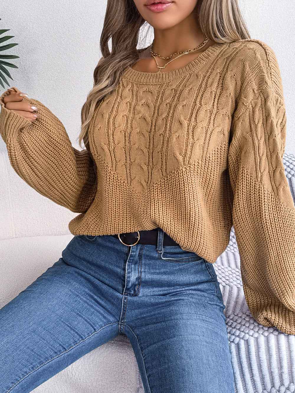 Casual Twist Patchwork Puff Sleeve Pullover Sweater