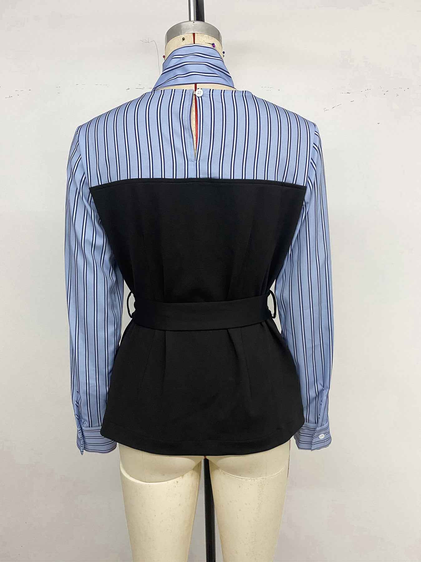 Striped Stitching Elegant Blouse False Two Piece Set