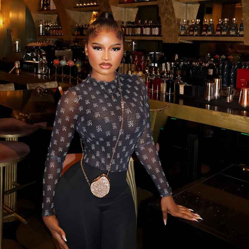 Women's Clothing Stitching Micro Transparent Sexy Print Jumpsuit