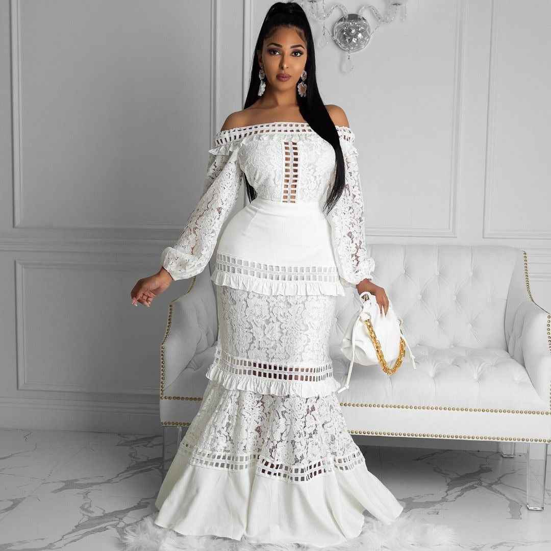 Lace Dress off Shoulder Lotus Leaf Wedding Party Cocktail Dress New Arrivals