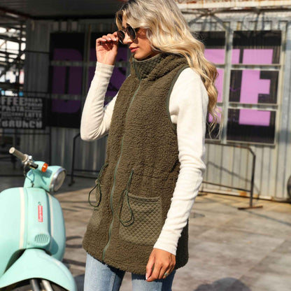 Sleeveless Zipper Mid Length Sweatshirt Solid Color Bubble Velvet Vest