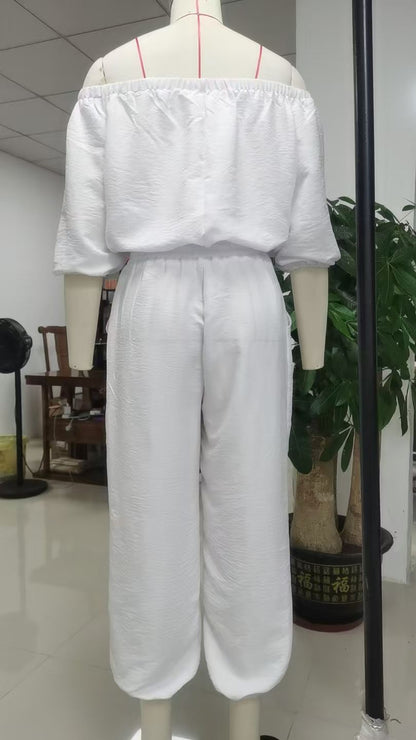 Summer Off Shoulder Top Casual Drawstring Jumpsuit for Women