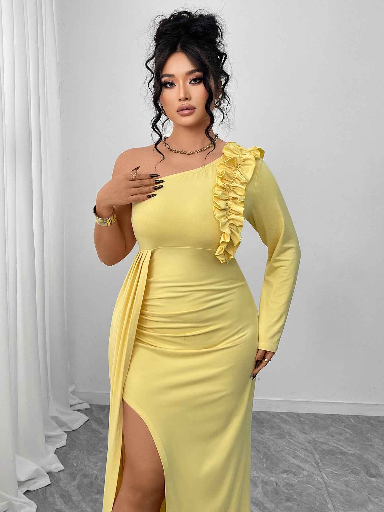 One Shoulder Yellow Ruffled Dress High Slit MUNSIEUR