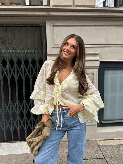 French Ruffled Cardigan Blouse