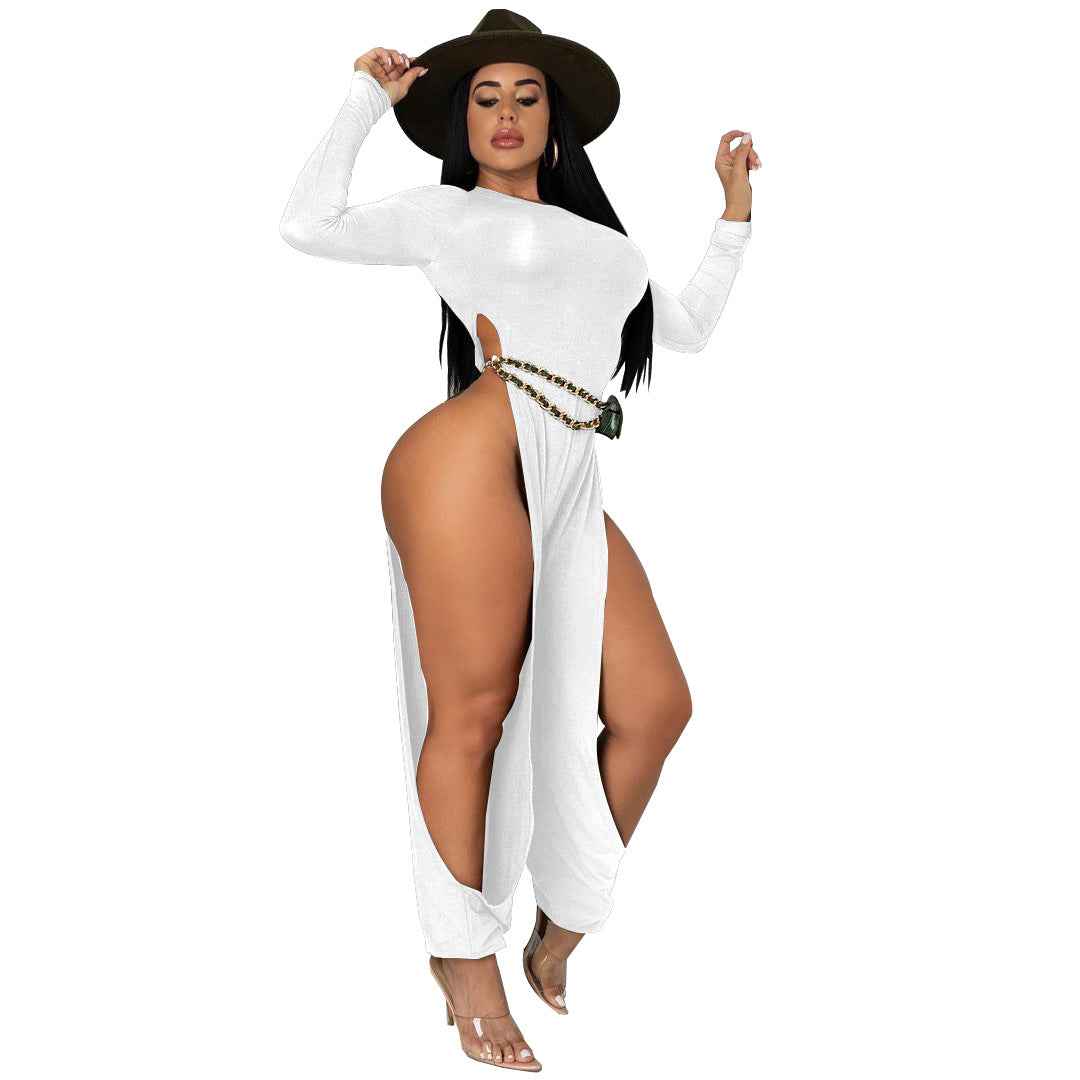 Sexy Open-Leg Jumpsuit Solid Color