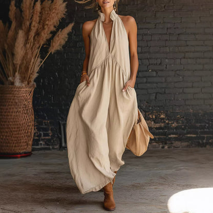 Summer Sleeveless Stand Collar Solid Color Maxi Vacation Dress MUNSIEUR
