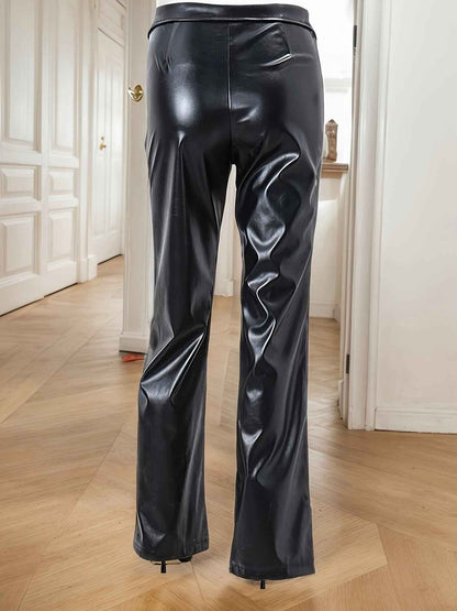 Faux Leather Nightclub Metal Zipper Straight Leather Jeans