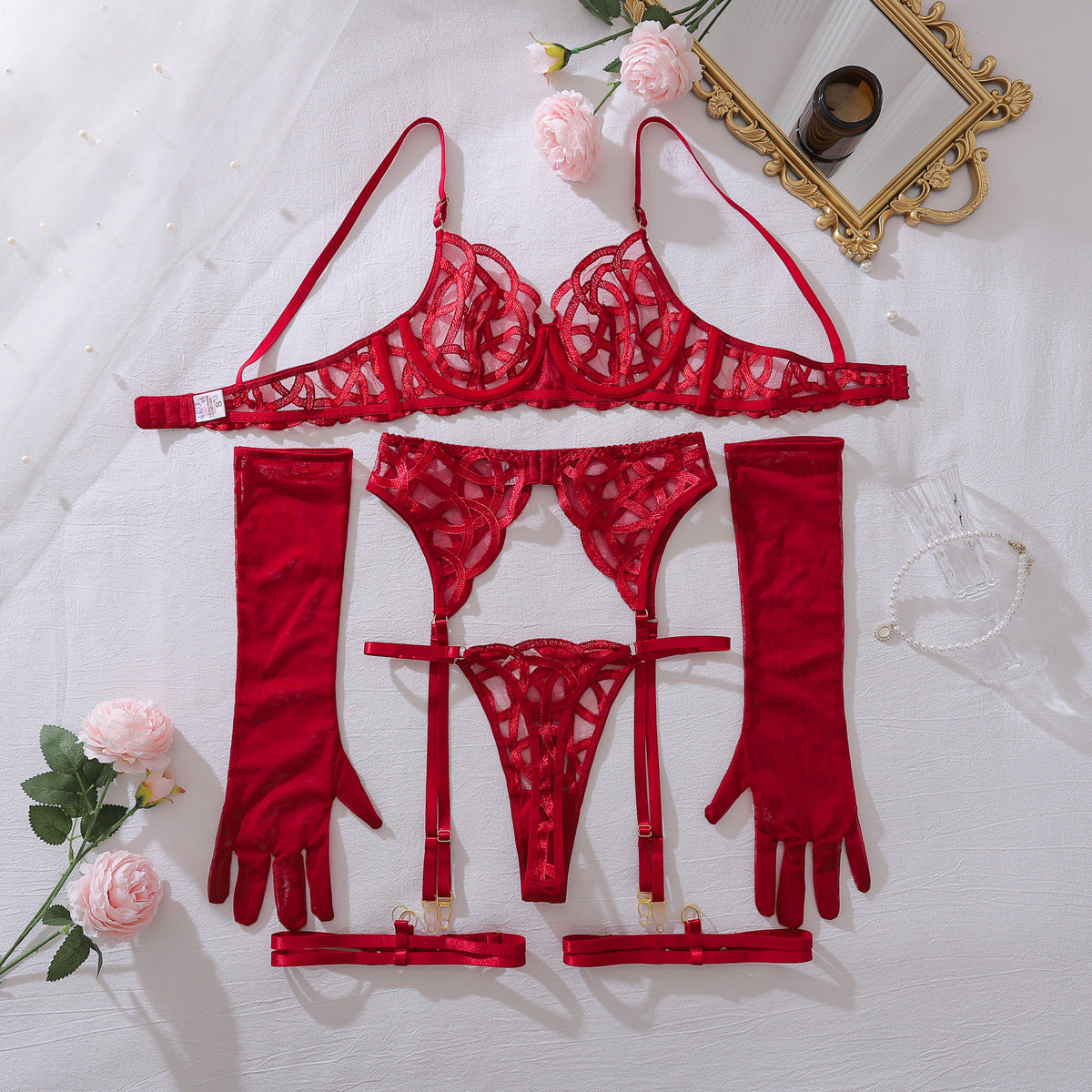 Embroidery See through Slim Fit Adjustable Lingerie