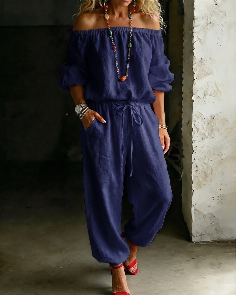 Summer Off Shoulder Top Casual Drawstring Jumpsuit for Women