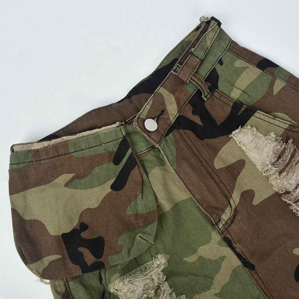 High Waist Camouflage Washed Tassel Bottoms for Women