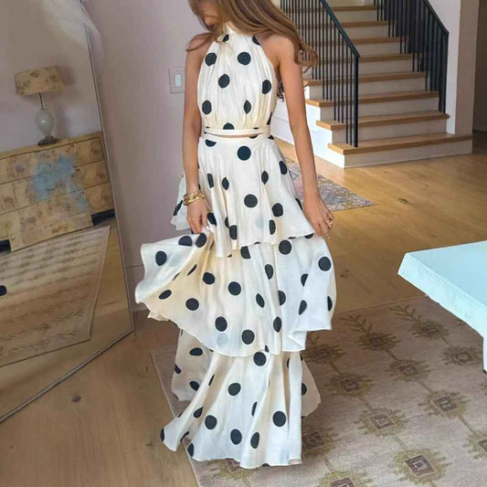 Polka Dot Halter Sleeveless and Skirt Two Piece Set