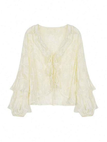 French Ruffled Cardigan Blouse
