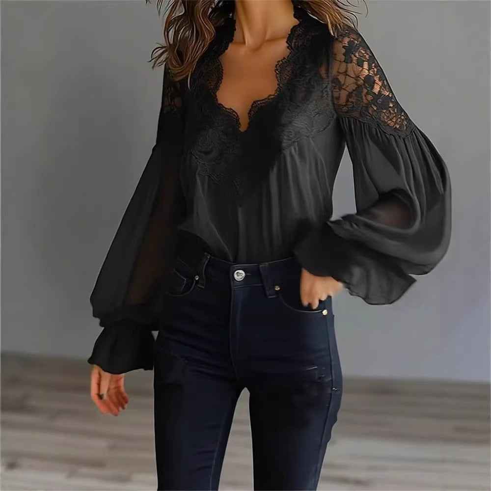 Women's Lace Stitching Puff Sleeve Pleated Blouse