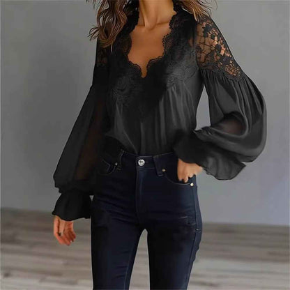 Women's Lace Stitching Puff Sleeve Pleated Blouse
