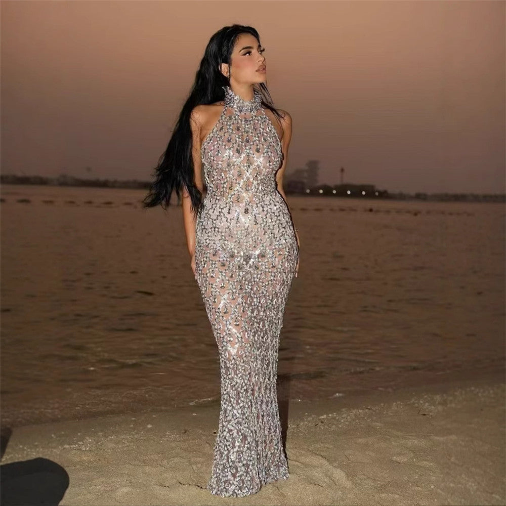 Rhinestone Halter Sleeveless Floor Dress