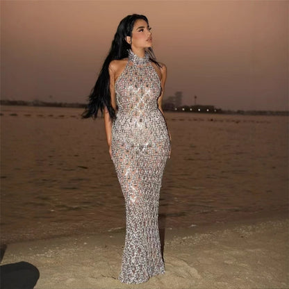 Rhinestone Halter Sleeveless Floor Dress