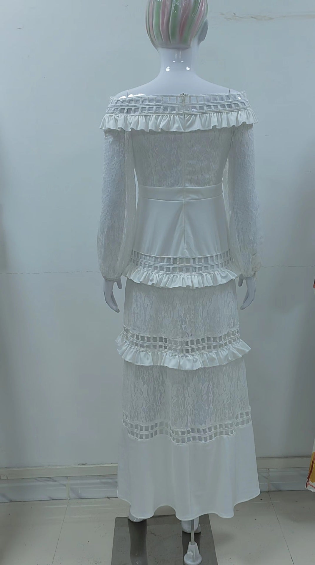 Ruffled Hollow Out Cutout Wide Hem Lace Long Dress