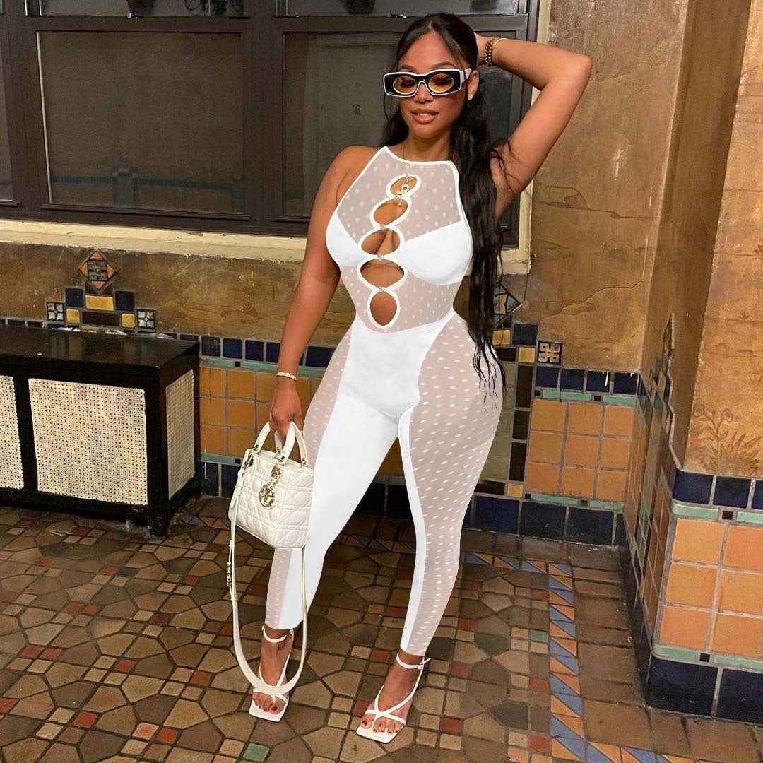 Mesh Milk Stitching Jumpsuit