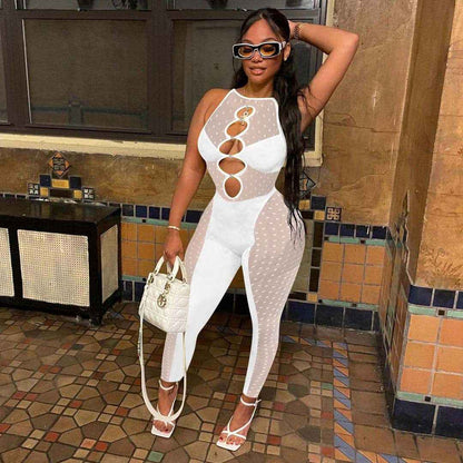 Mesh Milk Stitching Jumpsuit
