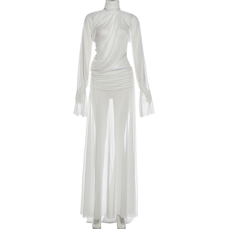 See through Turtle Bell Sleeve Split Skirt Set