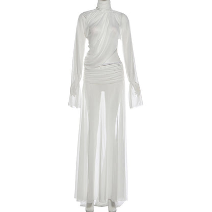 See through Turtle Bell Sleeve Split Skirt Set
