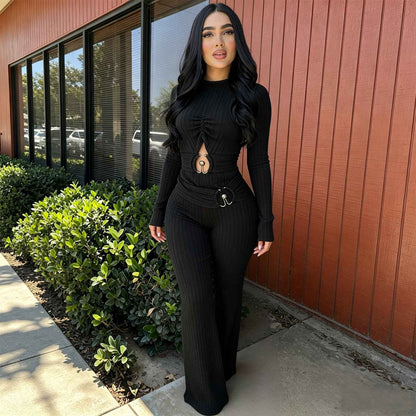 Autumn Drop Sunken Stripe Hollow Out Casual Jumpsuit for Women MUNSIEUR
