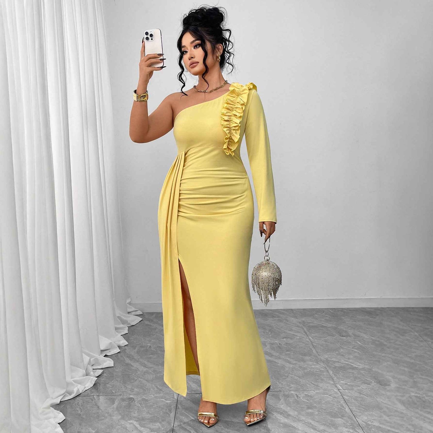 One Shoulder Yellow Ruffled Dress High Slit MUNSIEUR