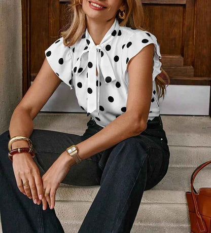 Polka Dot Halter Lace up Ruffle Sleeve Blouse